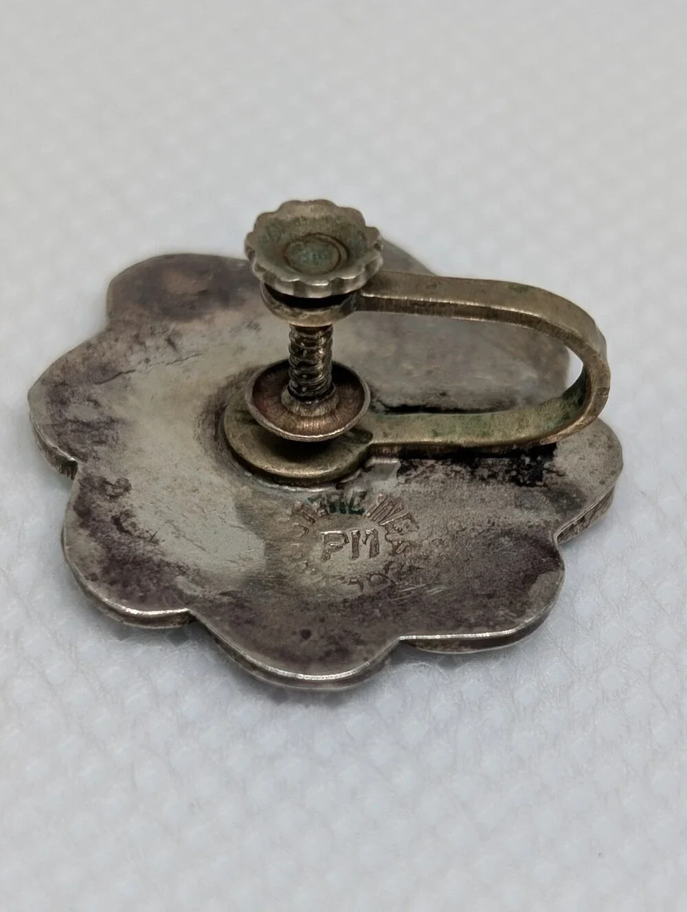 Vintage Alpaca Taxco Iridescent Abalone Sterling Silver Flower Clip-On Earrings